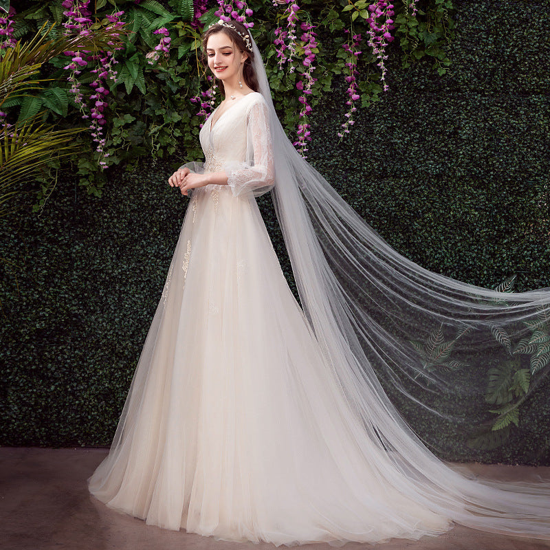 Nine Seven V-Neck Long Sleeves A-Line Appliques Bridal Wedding Dress