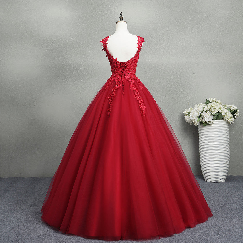Nine Seven Red Pearls Bridal Lace Appliques Straps A-Line Wedding Dress
