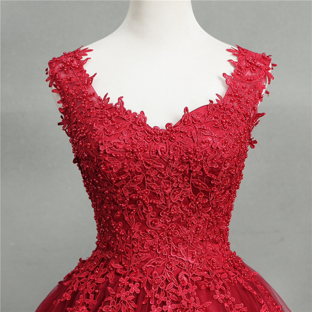 Nine Seven Red Pearls Bridal Lace Appliques Straps A-Line Wedding Dress