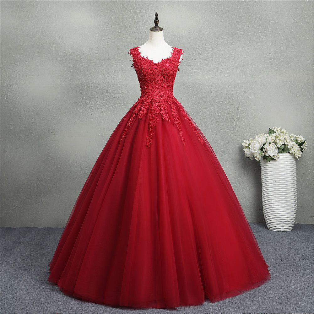 Nine Seven Red Pearls Bridal Lace Appliques Straps A-Line Wedding Dress
