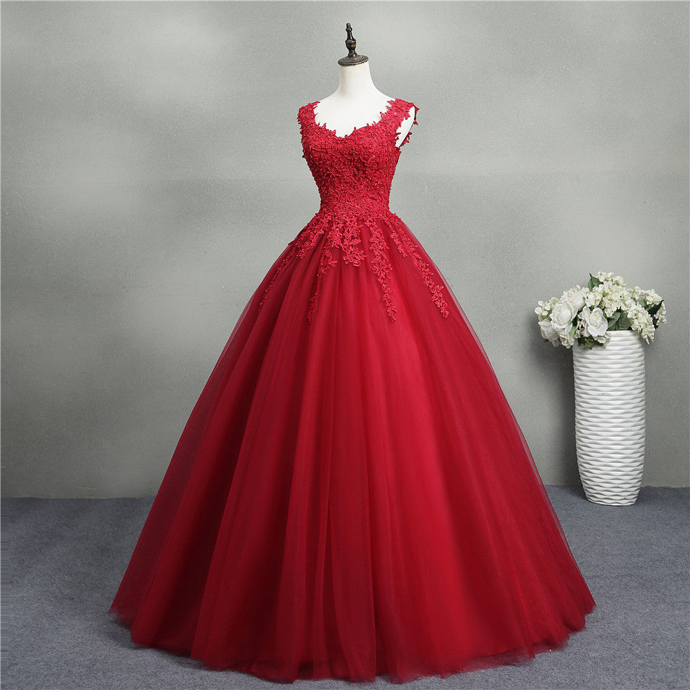 Nine Seven Red Pearls Bridal Lace Appliques Straps A-Line Wedding Dress