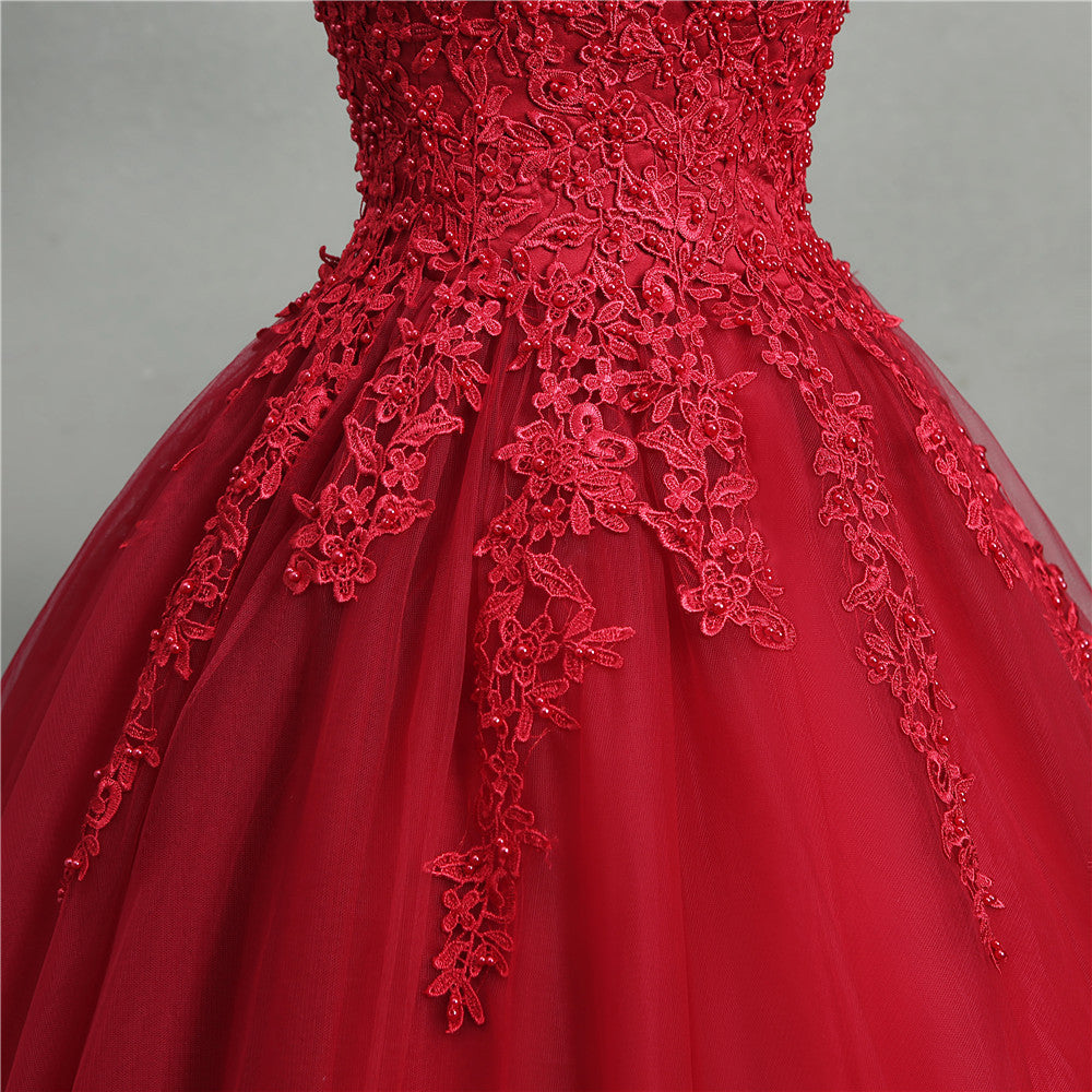 Nine Seven Red Pearls Bridal Lace Appliques Straps A-Line Wedding Dress