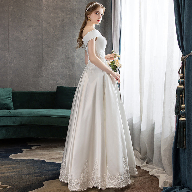 Nine Seven Appliques Bridal Lace Up Off Shoulder A-Line Satin Wedding Dress