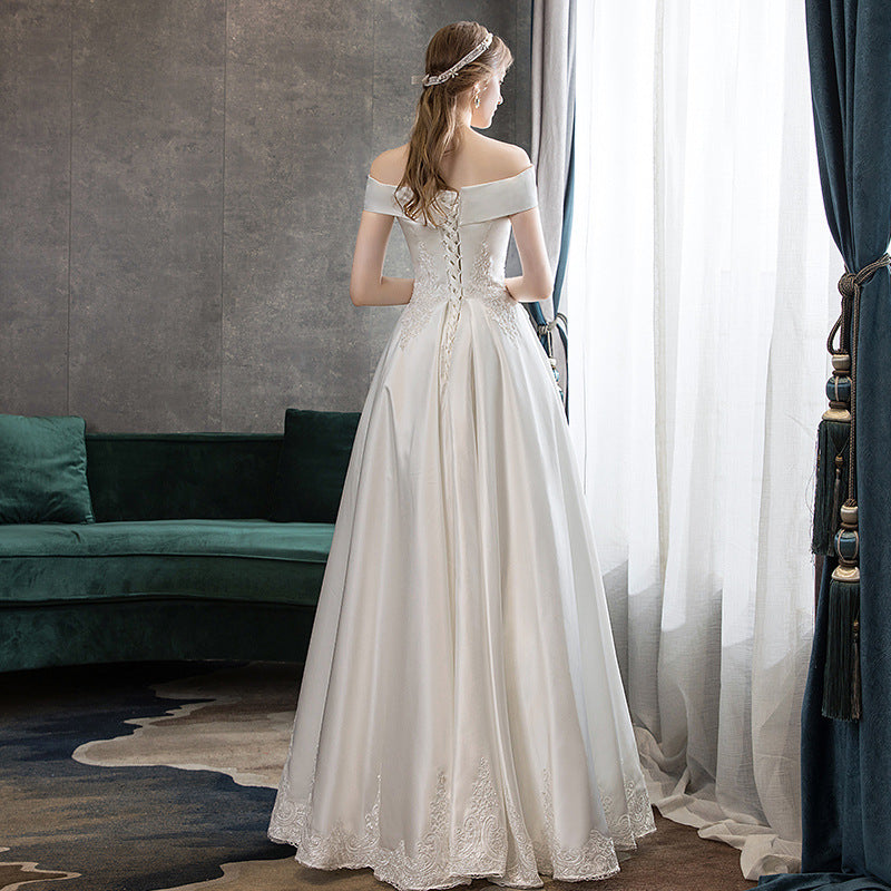 Nine Seven Appliques Bridal Lace Up Off Shoulder A-Line Satin Wedding Dress