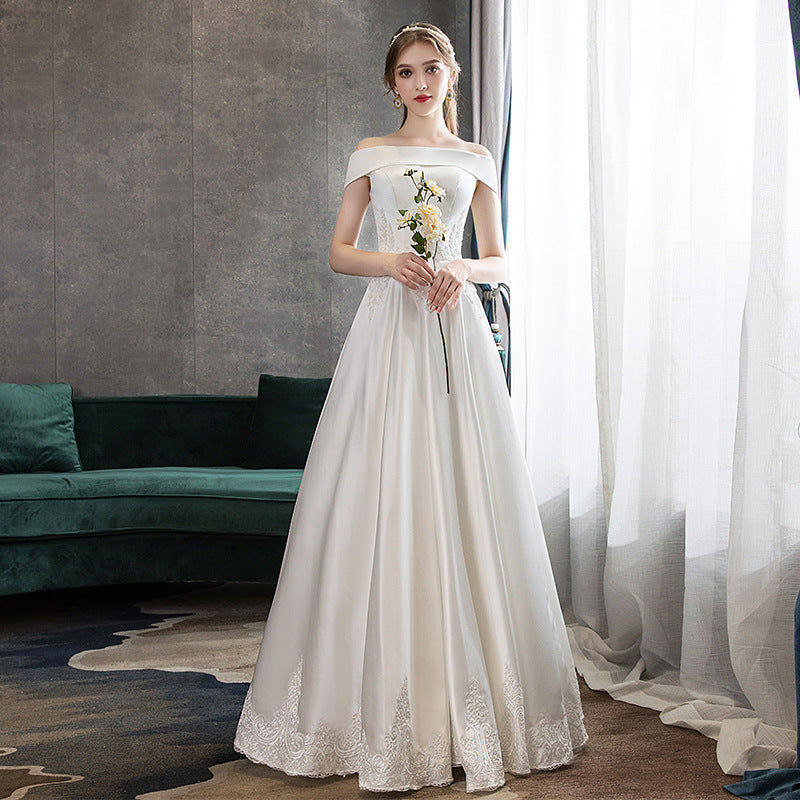 Nine Seven Appliques Bridal Lace Up Off Shoulder A-Line Satin Wedding Dress