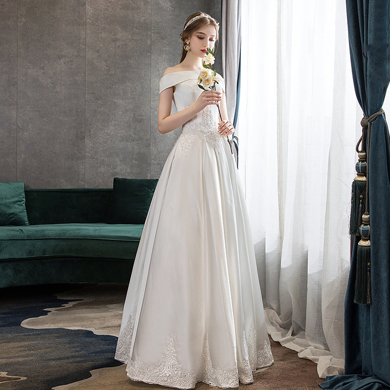 Nine Seven Appliques Bridal Lace Up Off Shoulder A-Line Satin Wedding Dress