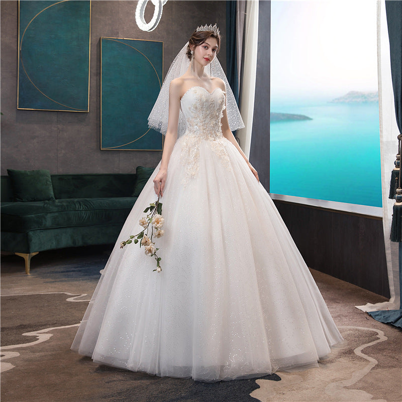 Nine Seven Appliques Pearls Sequins Strapless A-Line Lace Up Wedding Dress