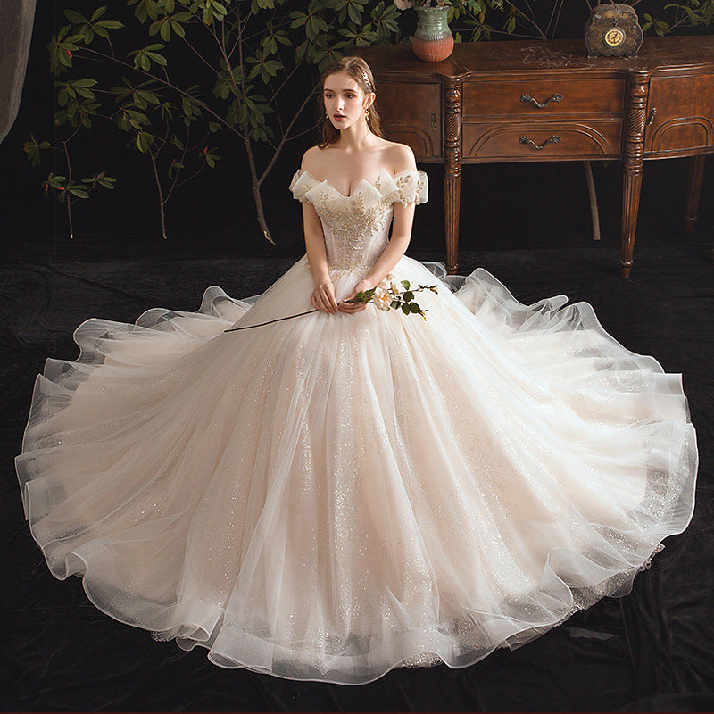 Nine Seven Leaves Appliques Glitter Sequines Lace Up Unique Design Off Shoulder Wedding Dress
