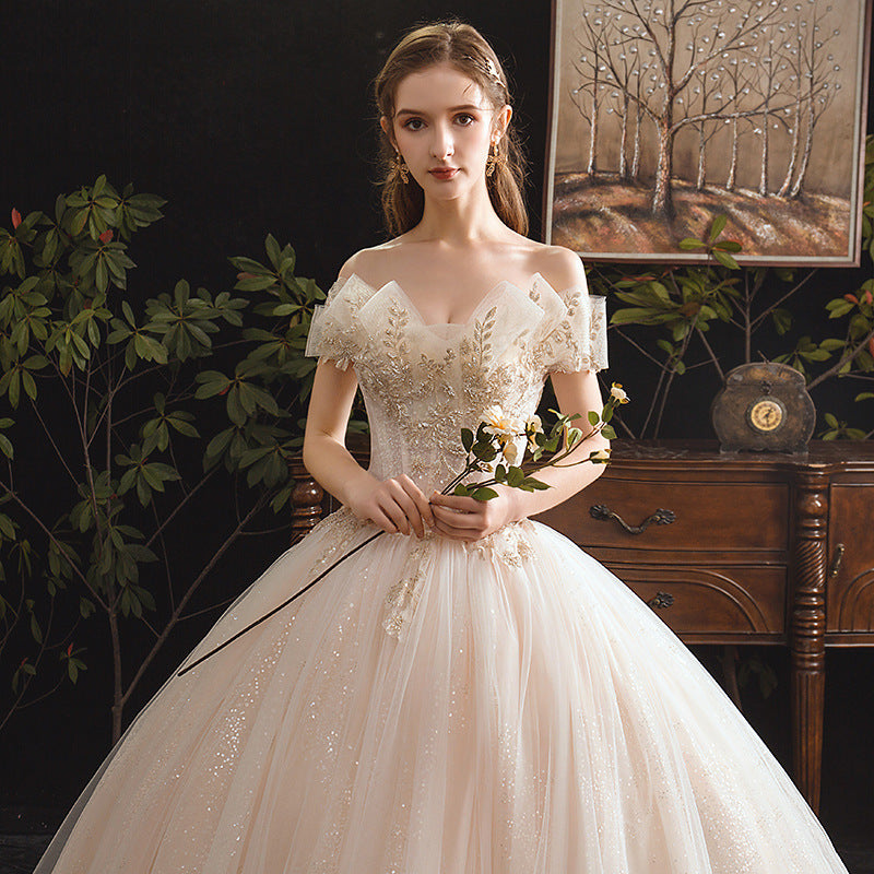 Nine Seven Leaves Appliques Glitter Sequines Lace Up Unique Design Off Shoulder Wedding Dress