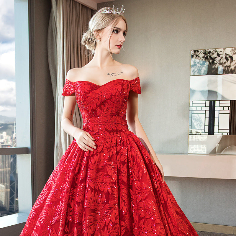 Nine Seven Bridal Dresses Appliques Glitter Sequines Off Shoulder Leaves Red Wedding Dress