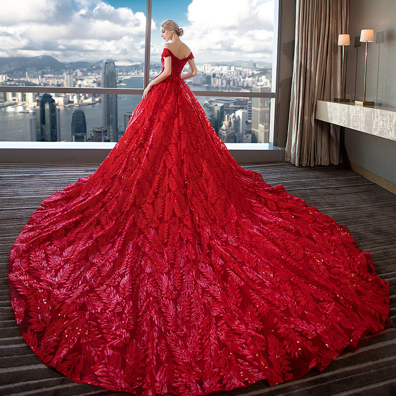 Nine Seven Bridal Dresses Appliques Glitter Sequines Off Shoulder Leaves Red Wedding Dress