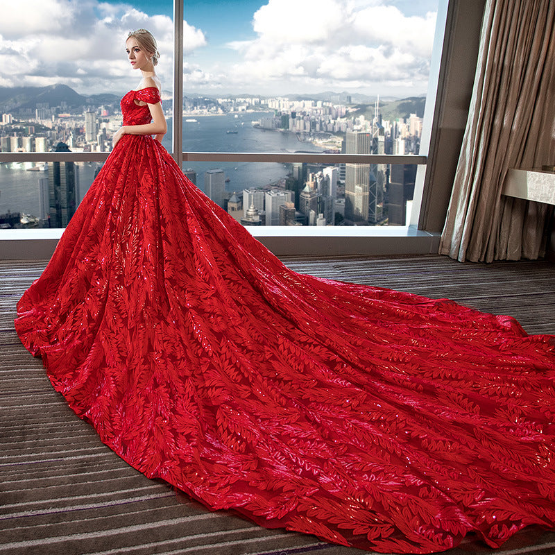 Nine Seven Bridal Dresses Appliques Glitter Sequines Off Shoulder Leaves Red Wedding Dress