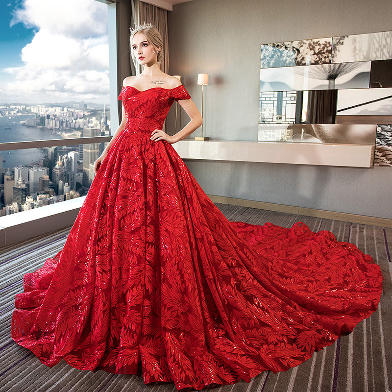 Nine Seven Bridal Dresses Appliques Glitter Sequines Off Shoulder Leaves Red Wedding Dress
