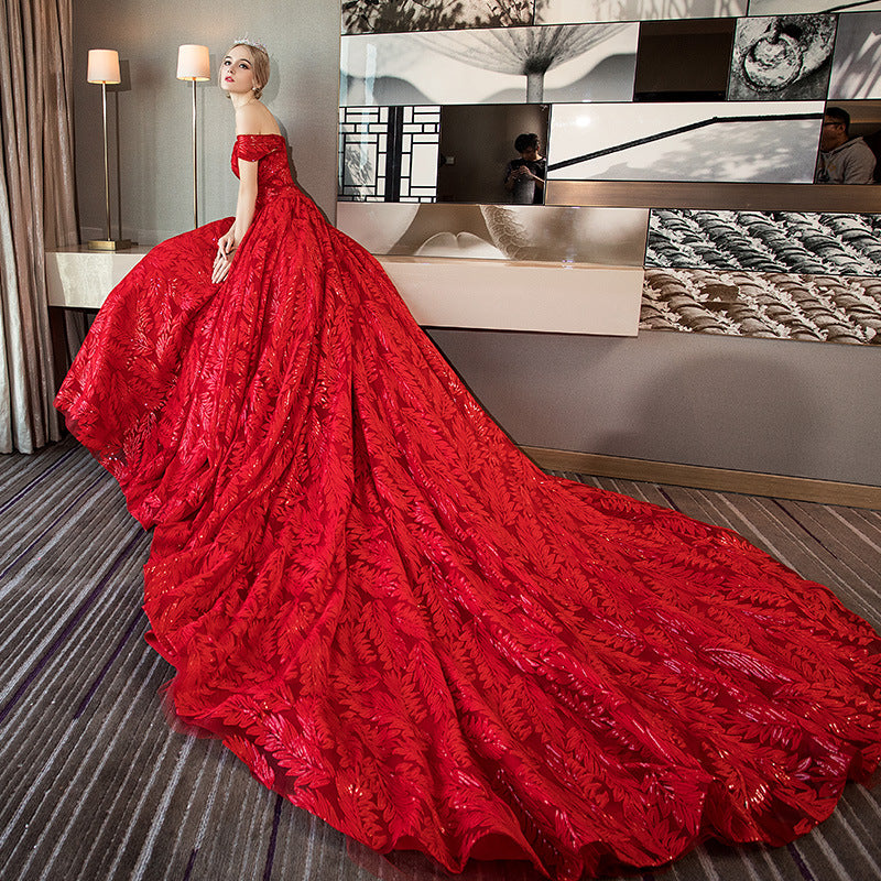 Nine Seven Bridal Dresses Appliques Glitter Sequines Off Shoulder Leaves Red Wedding Dress