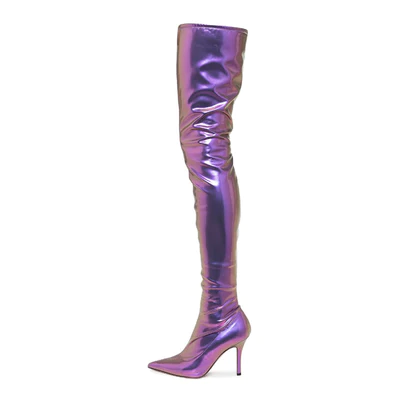 Nine Seven Women's Handmade Stretch Leather Sexy Pointed Toe Super High Stiletto Heel Stylish Plus-size Customized Circumference Over Knee Boots with Half Side Zip
