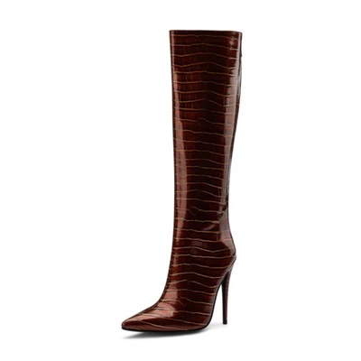 Nine Seven Handmade Women's Glossy Microfiber Leather Pointed Toe Sexy Super High Stiletto Back Zip Knee High Boots