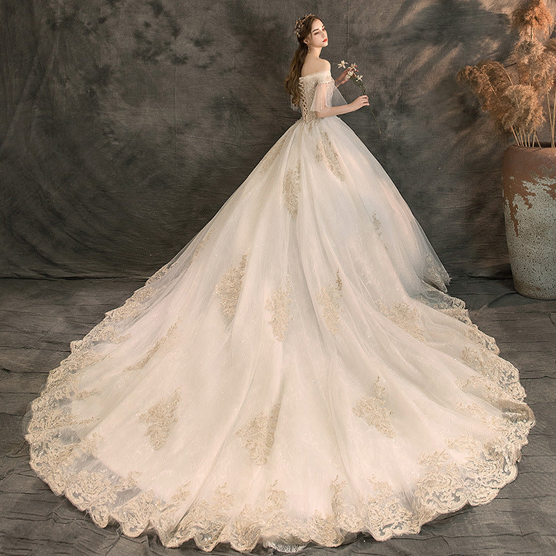 Nine Seven Off Shoulder Pearls Floral Appliques Short Sleeves A-Line Bridal Wedding Dress