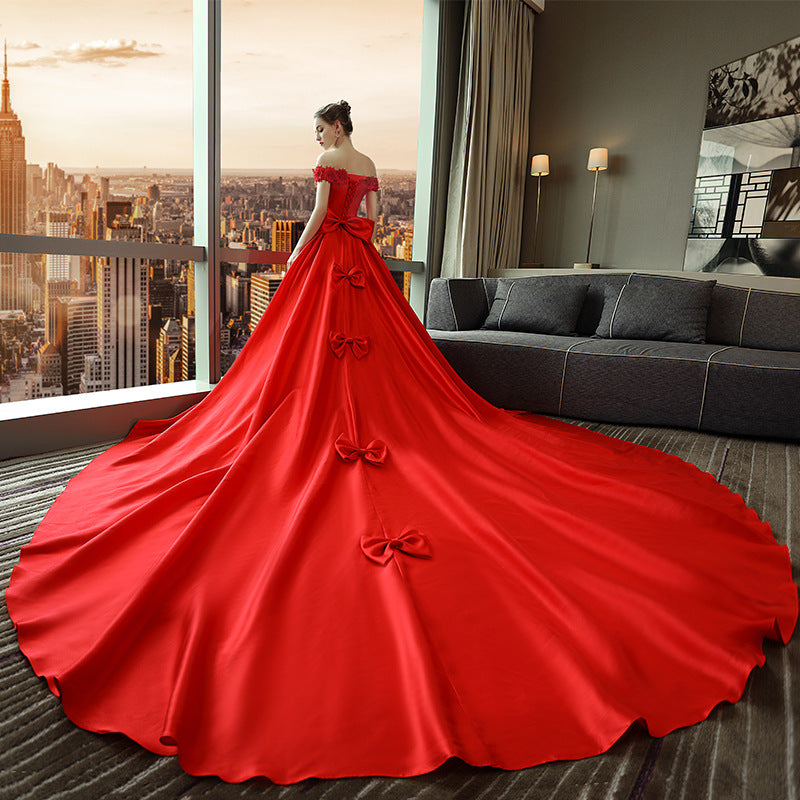 Nine Seven Off Shoulder Lace Flower Bowknot Decor A-Line Red Wedding Dress