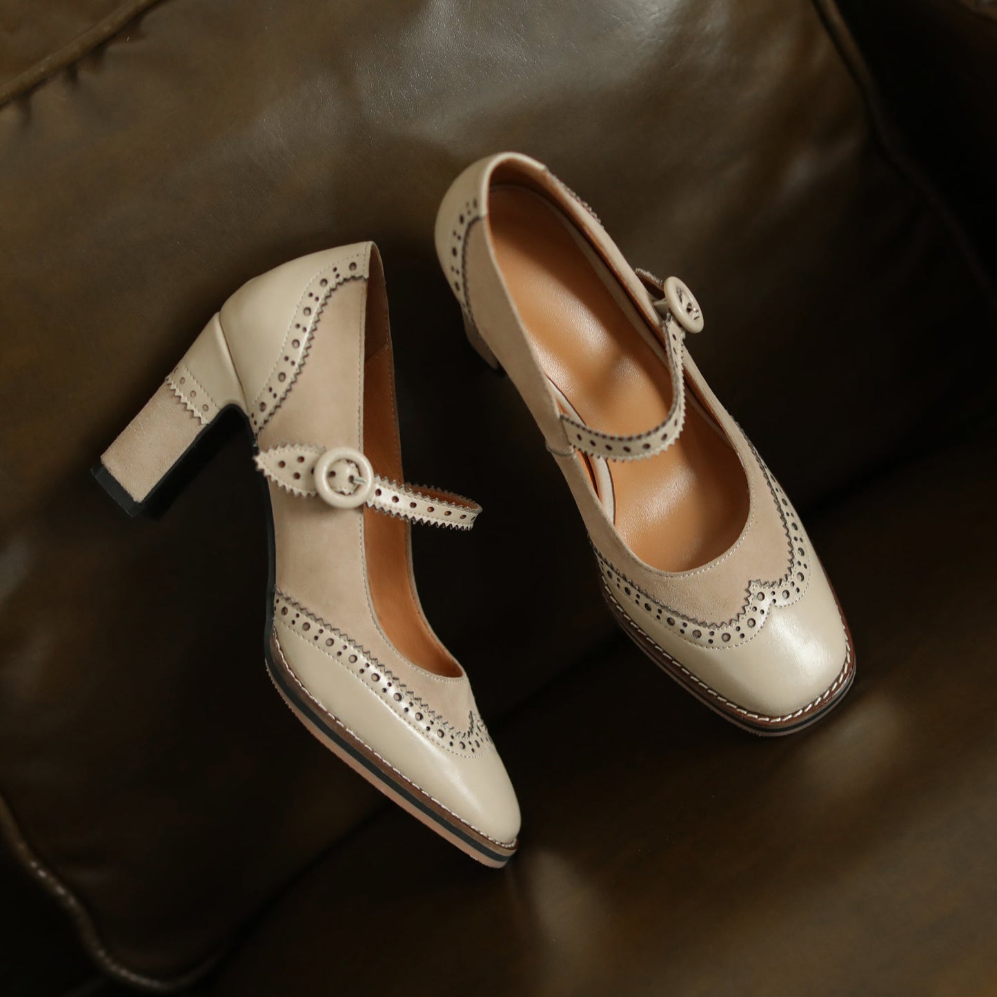 Nine Seven Women's Genuine Leather Handmade Lace Buckle Slip On Square Toe High Block Heel Mary Jane Pumps Shoes