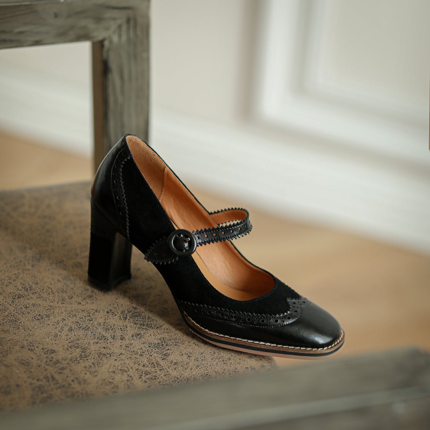 Nine Seven Women's Genuine Leather Handmade Lace Buckle Slip On Square Toe High Block Heel Mary Jane Pumps Shoes