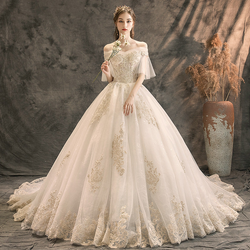 Nine Seven Off Shoulder Pearls Floral Appliques Short Sleeves A-Line Bridal Wedding Dress