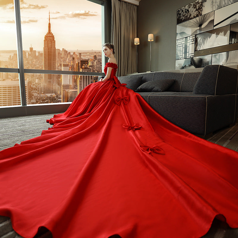 Nine Seven Off Shoulder Lace Flower Bowknot Decor A-Line Red Wedding Dress