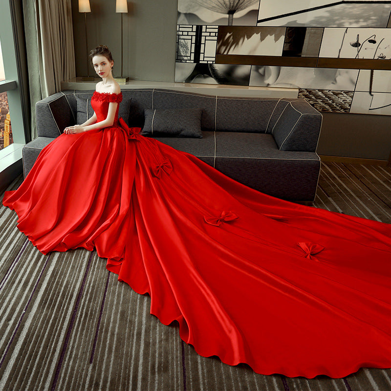 Nine Seven Off Shoulder Lace Flower Bowknot Decor A-Line Red Wedding Dress