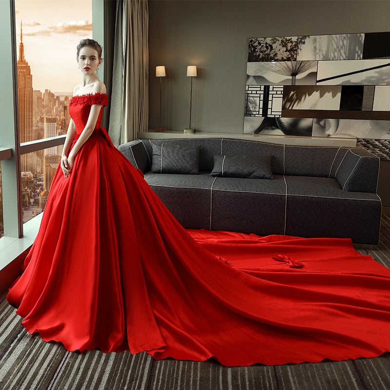Nine Seven Off Shoulder Lace Flower Bowknot Decor A-Line Red Wedding Dress