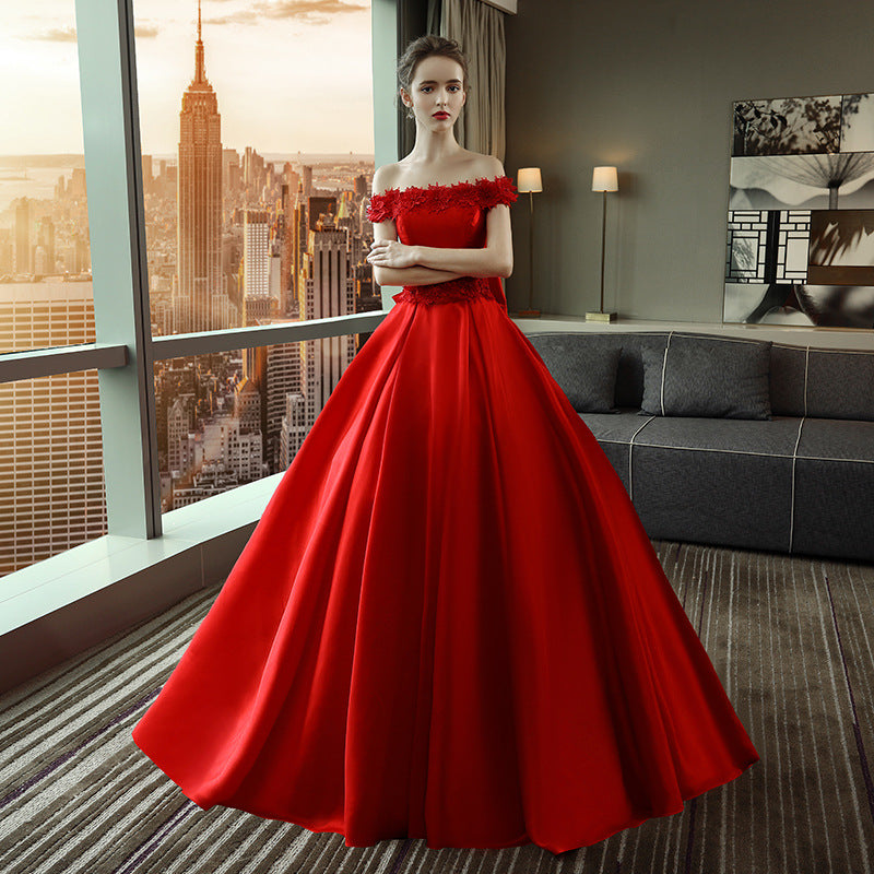 Nine Seven Off Shoulder Lace Flower Bowknot Decor A-Line Red Wedding Dress