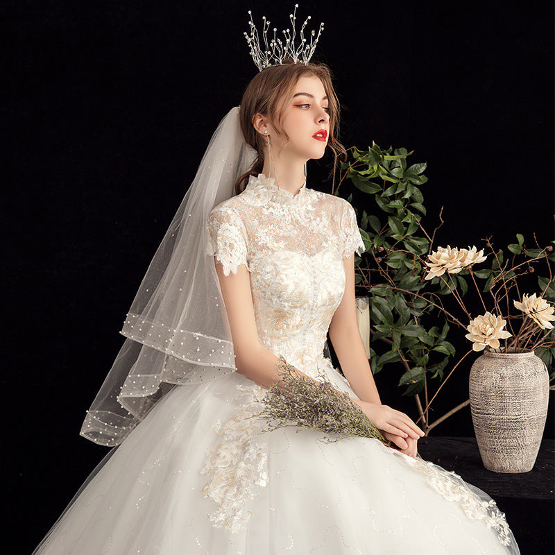Nine Seven Pearls Floral Appliques Short Sleeves A-Line Scoop Back Embroidery Wedding Dress