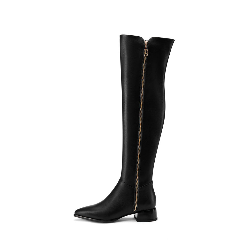 Nine Seven Women's Genuine Leather Handmade Pointed Toe Side Zip Low Chunky Heel Chic Plus-size Customized Circumference Over Knee Boots