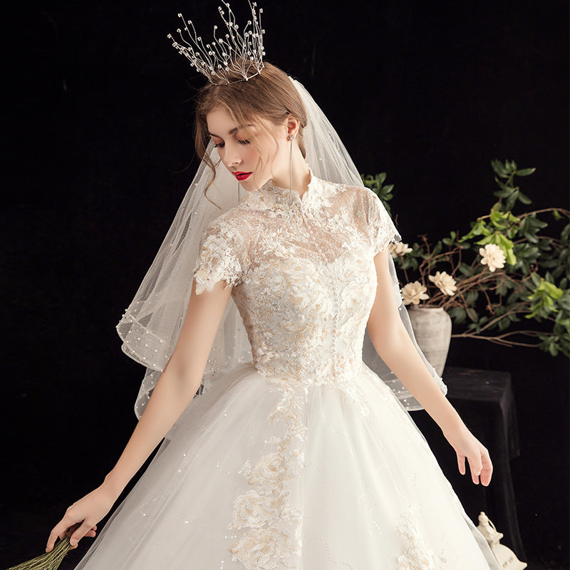 Nine Seven Pearls Floral Appliques Short Sleeves A-Line Scoop Back Embroidery Wedding Dress
