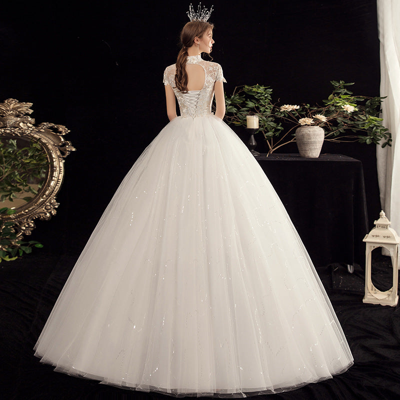 Nine Seven Pearls Floral Appliques Short Sleeves A-Line Scoop Back Embroidery Wedding Dress