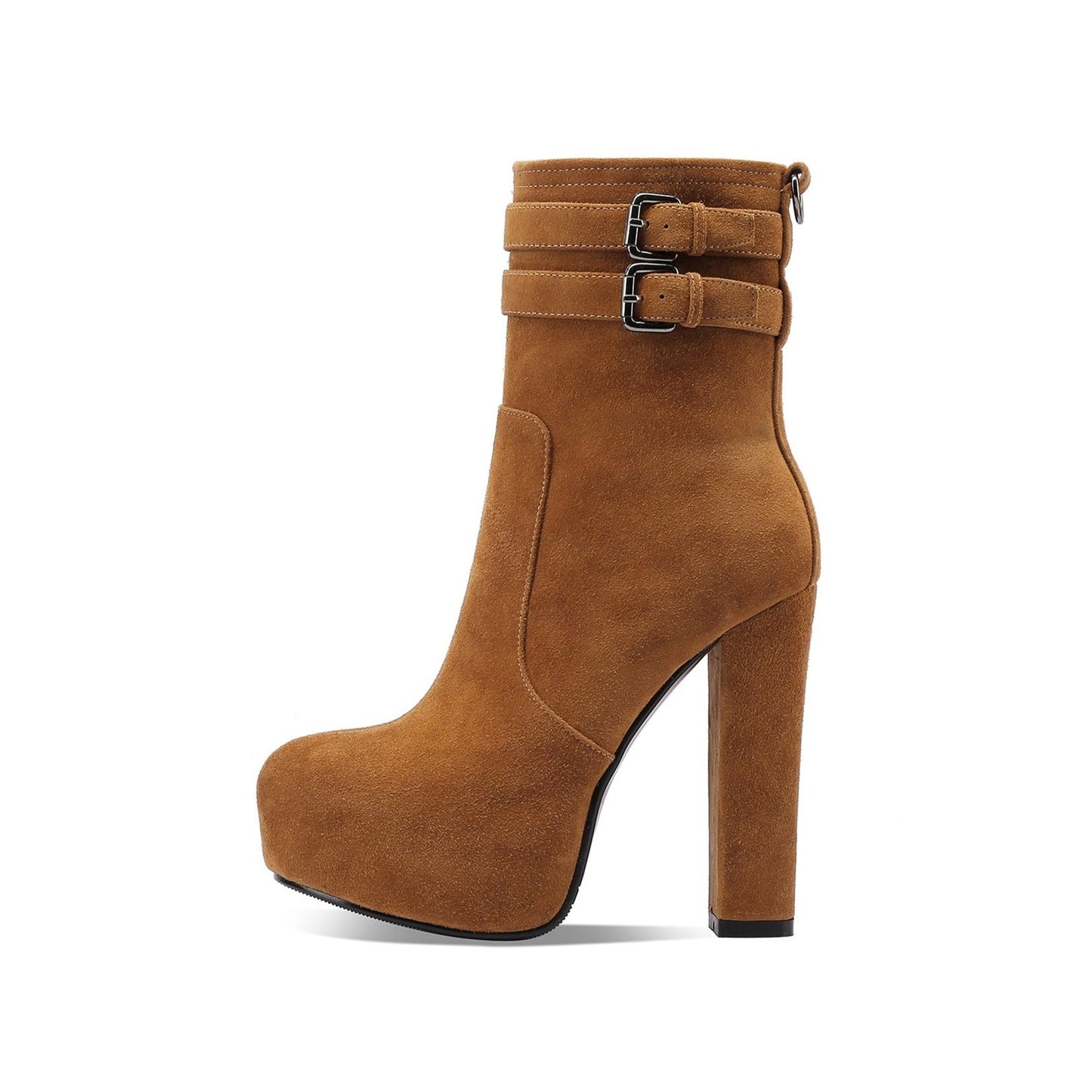 Nine Seven Handmade Women's Suede Leather Side Zip Double Ankle Strap Round Toe Sexy High Heel Platform Boots