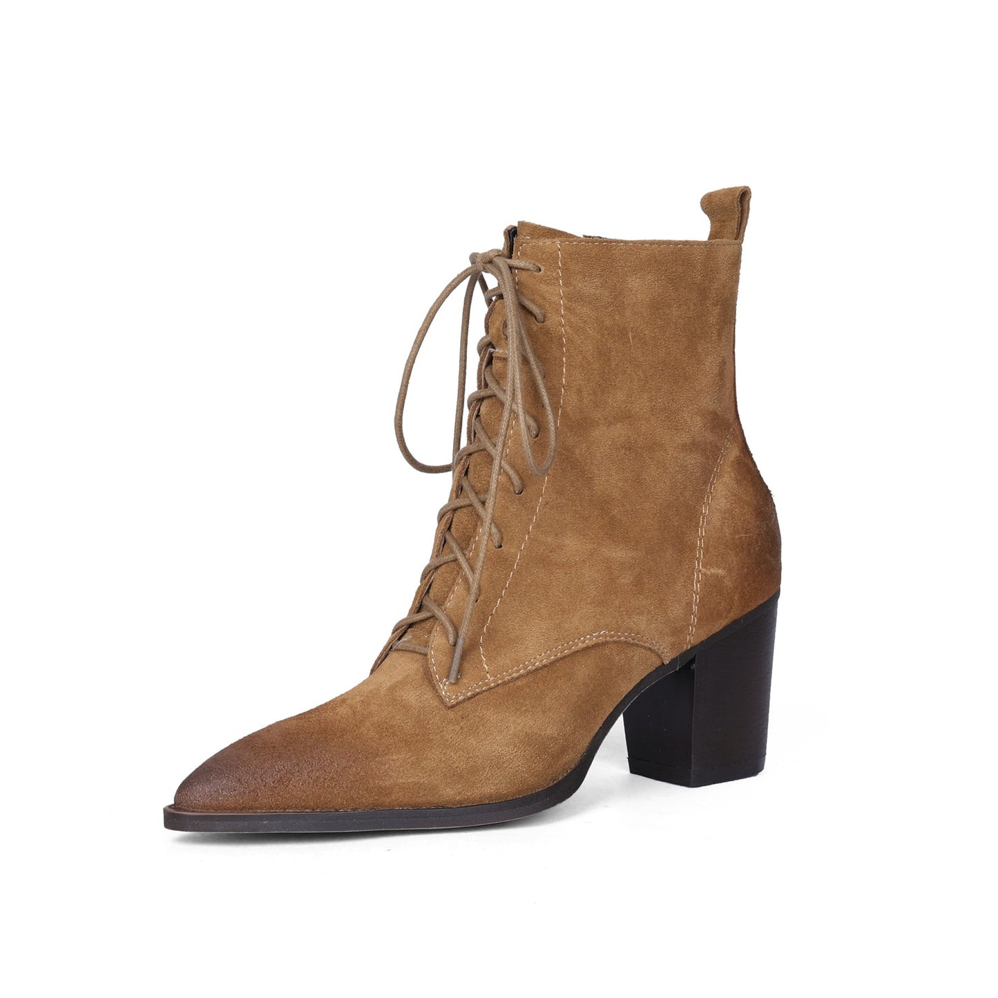 Nine Seven Handmade Women's Suede Leather Lace Up Pointed Toe Mid Chunky Heel Combat Boots Boots