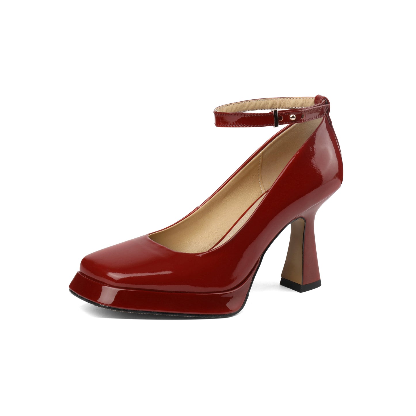 Nine Seven Women's Square Toe Glossy Patent Leather Handmade Platform Stylish High Chunky Heels with Detachable Ankle Belt