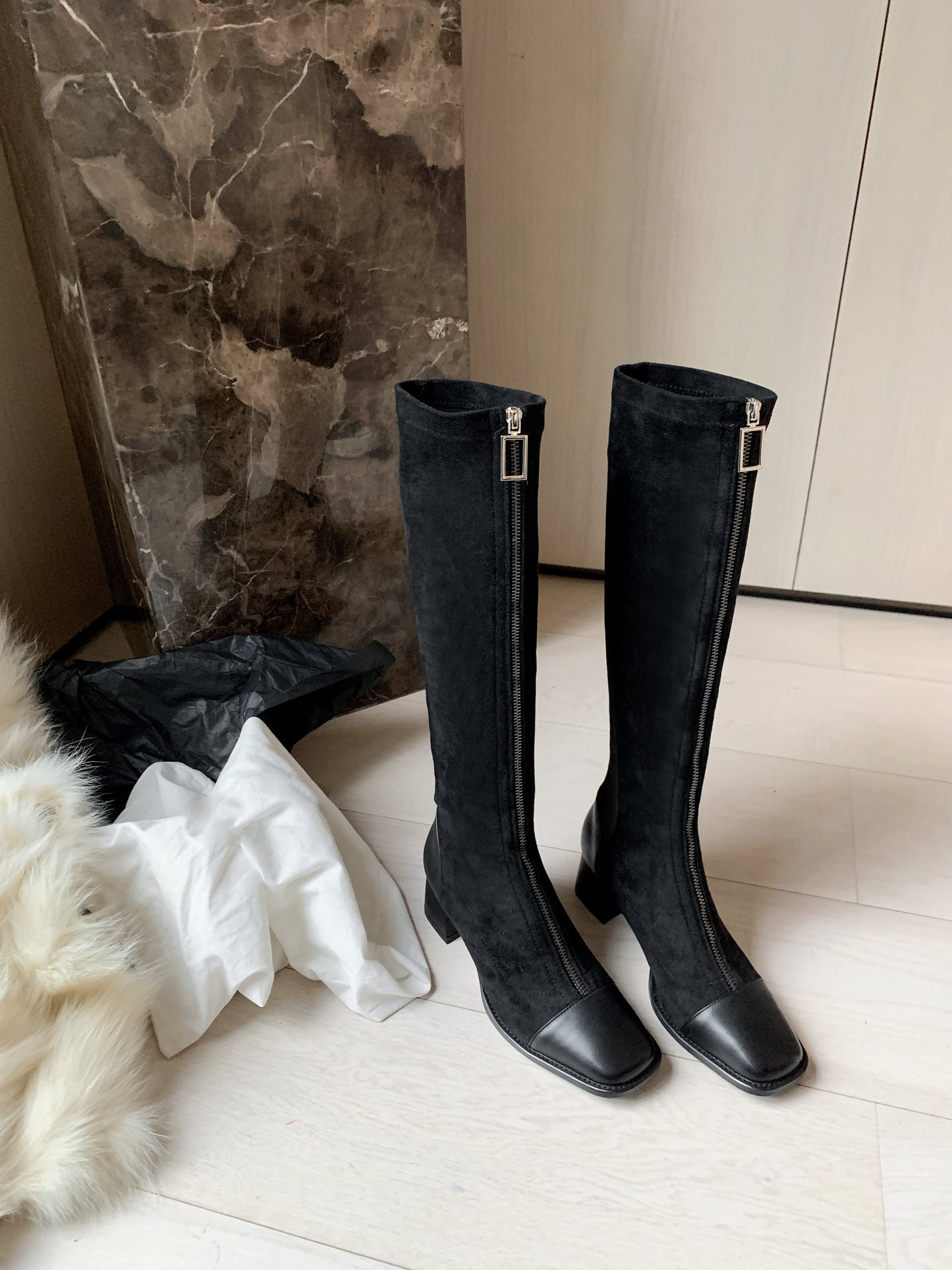 Nine Seven Women's Stretch Fabric Handmade Cap Toe Fashion Front Zipper Comfort Low Chunky Heel Knee High Boots