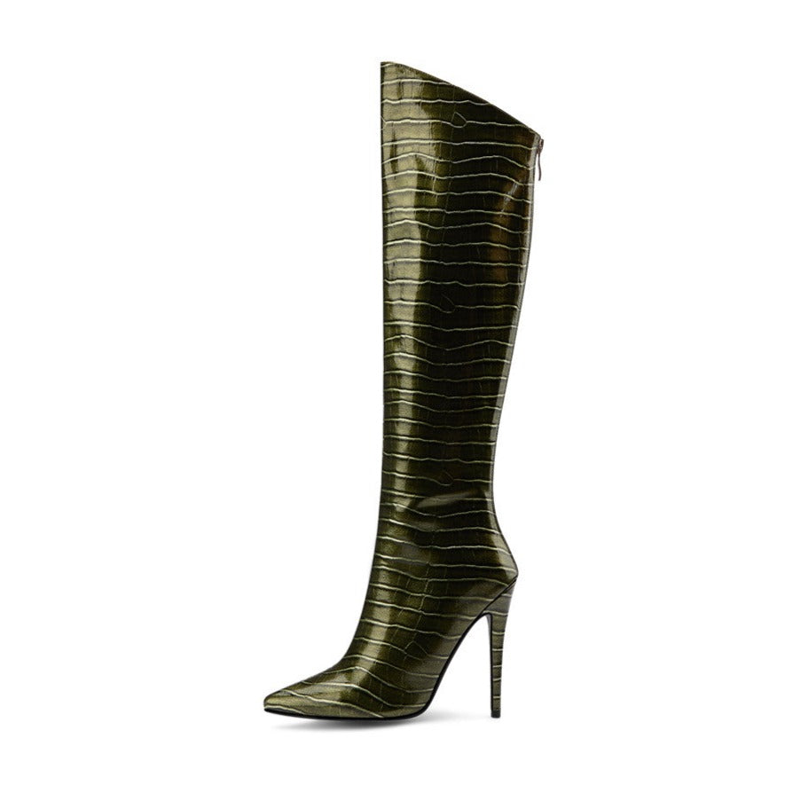 Nine Seven Women's Handmade Microfiber Leather Glossy Pointed Toe High Stiletto Heel Back Zip Stylish Plus-size Customized Circumference Knee High Boots