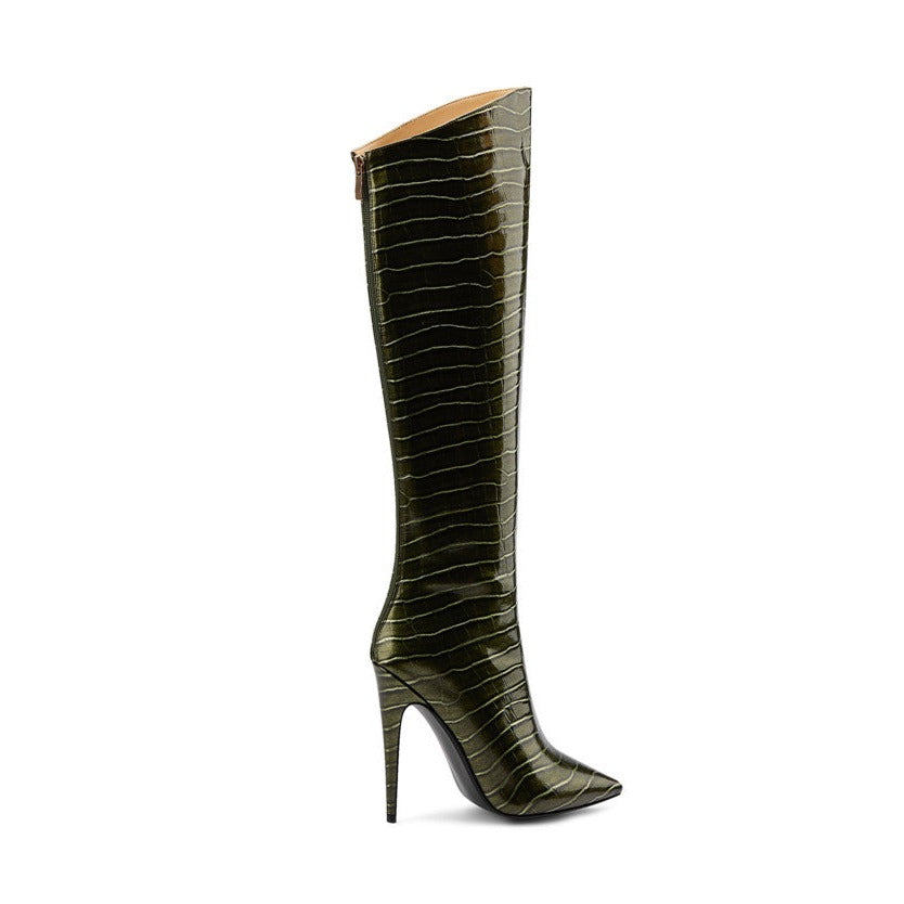 Nine Seven Women's Handmade Microfiber Leather Glossy Pointed Toe High Stiletto Heel Back Zip Stylish Plus-size Customized Circumference Knee High Boots