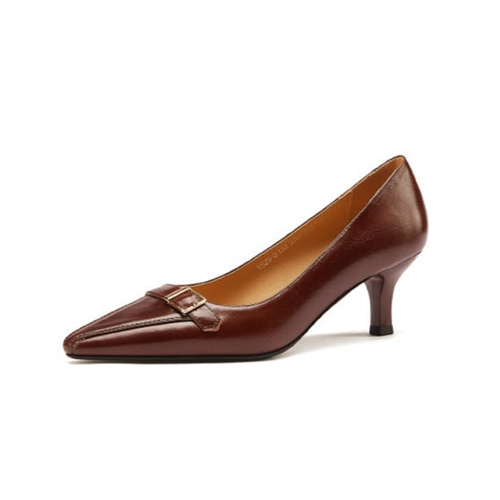 Nine Seven Handmade Genuine Leather Women's Closed Pointed Toe Mid Kitten Heel Vintage Pump Shoes with Buckle Decor