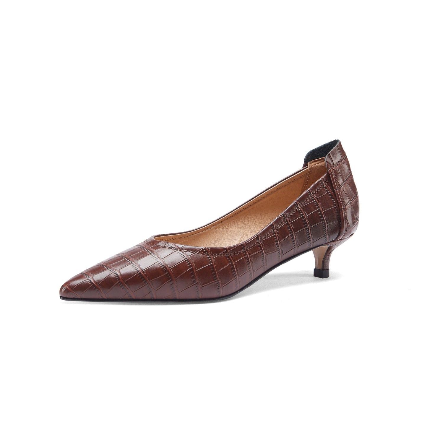 Nine Seven Women's Handmade Genuine Leather Pointed Toe Low Kitten Heel Slip On V-Shaped Retro Pump Shoes