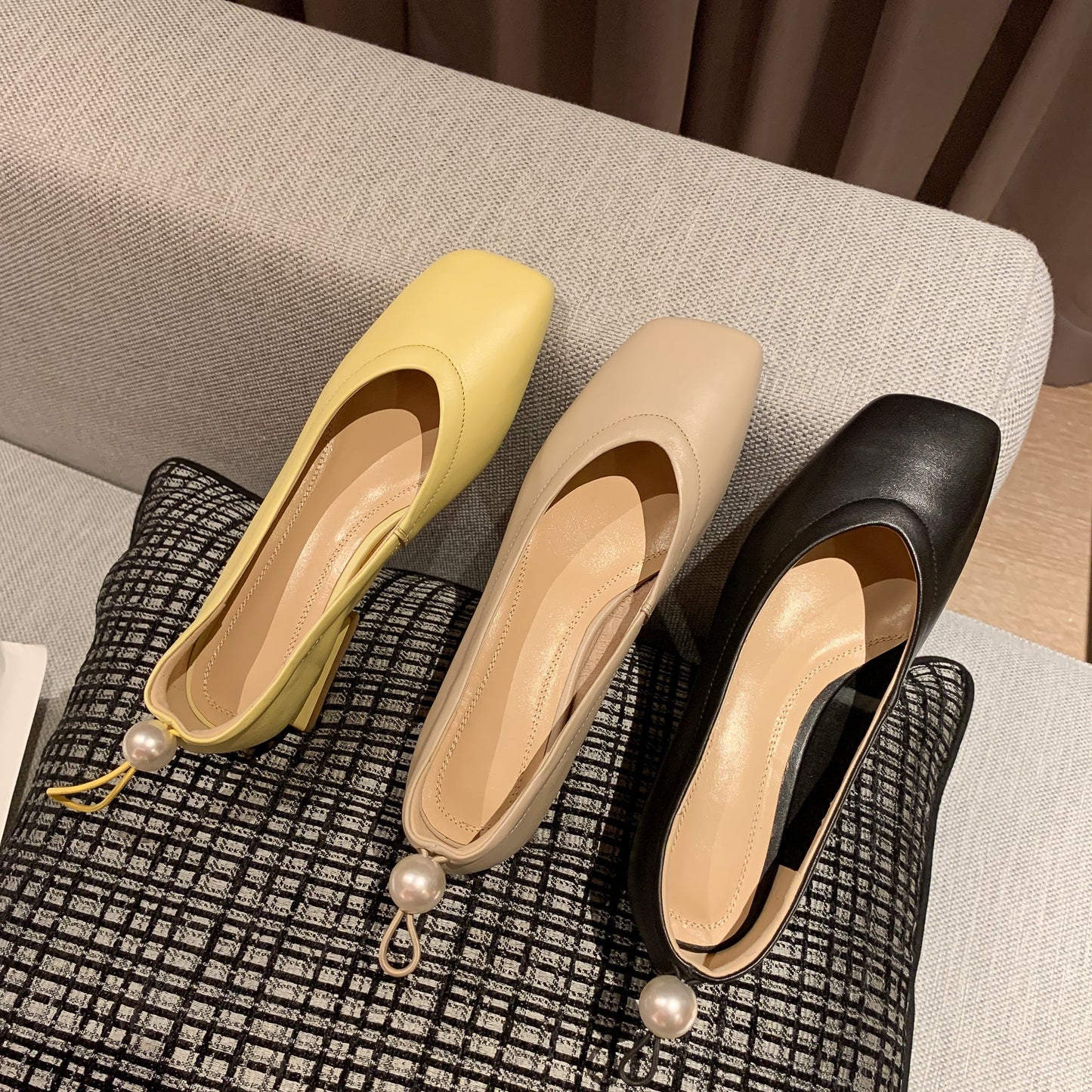 Nine Seven Genuine Leather Women's Handmade Square Toe Low Chunky Heel Slip On Loafer Pump Shoes with Pearl