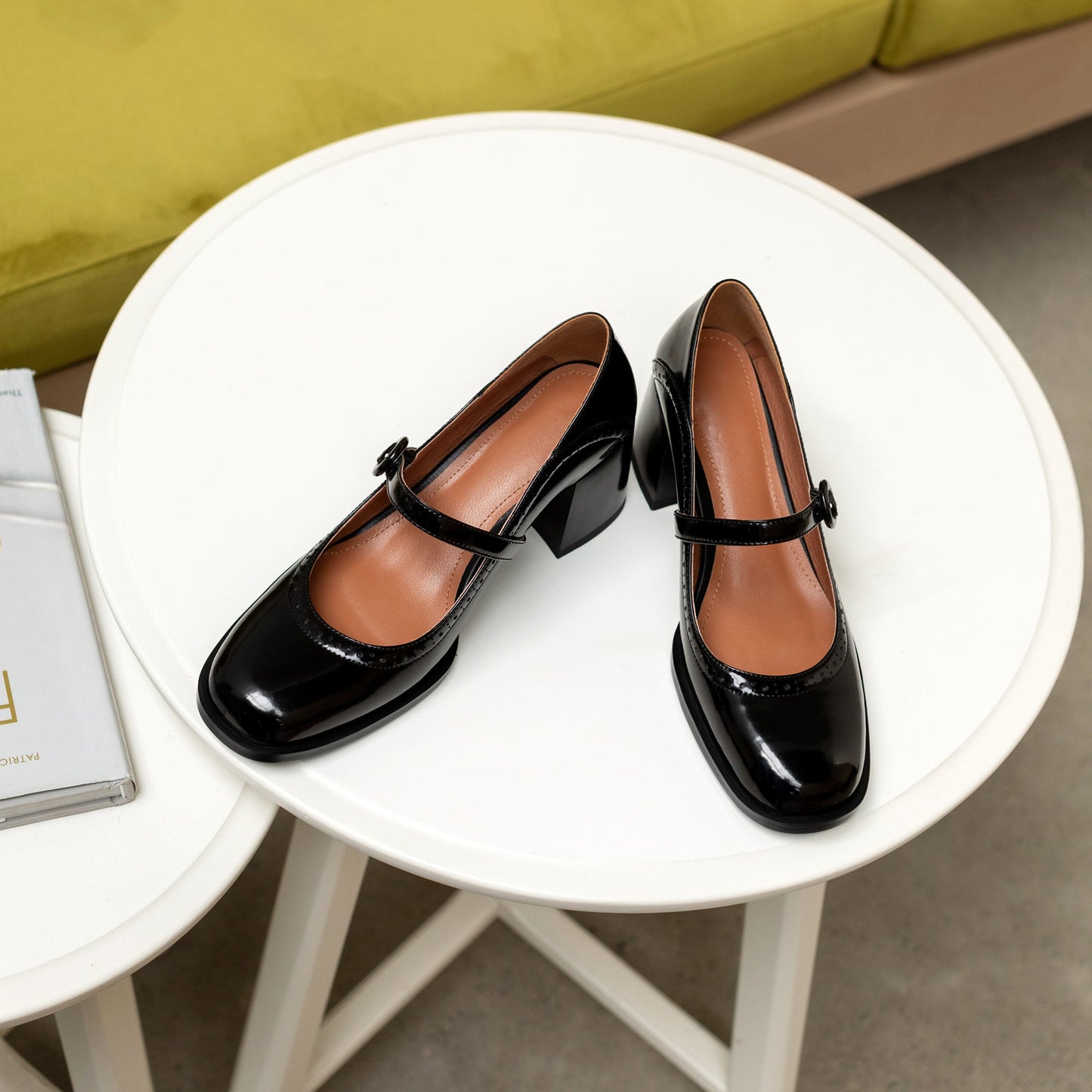 Nine Seven Glossy Genuine Leather Women's Handmade Round Toe Mid Block Heel Buckle Cute Mar Jane Pump Shoes