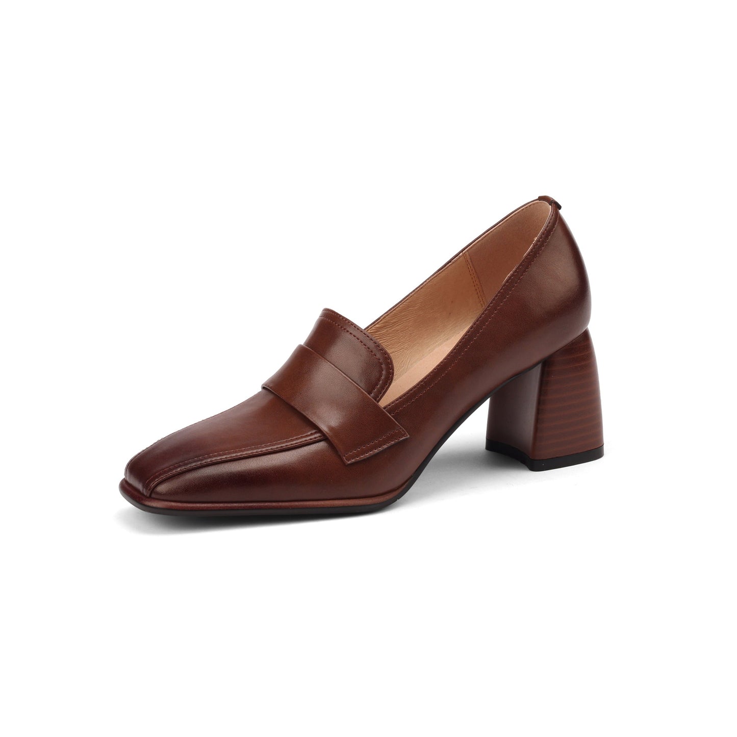 Nine Seven Women's Square Toe Handmade Genuine Leather Mid Chunky Heels Slip On Vintage Pumps Shoes