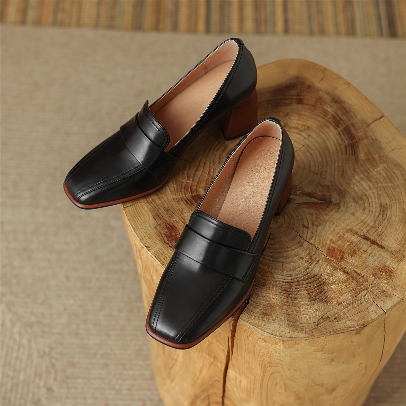 Nine Seven Women's Square Toe Handmade Genuine Leather Mid Chunky Heels Slip On Vintage Pumps Shoes