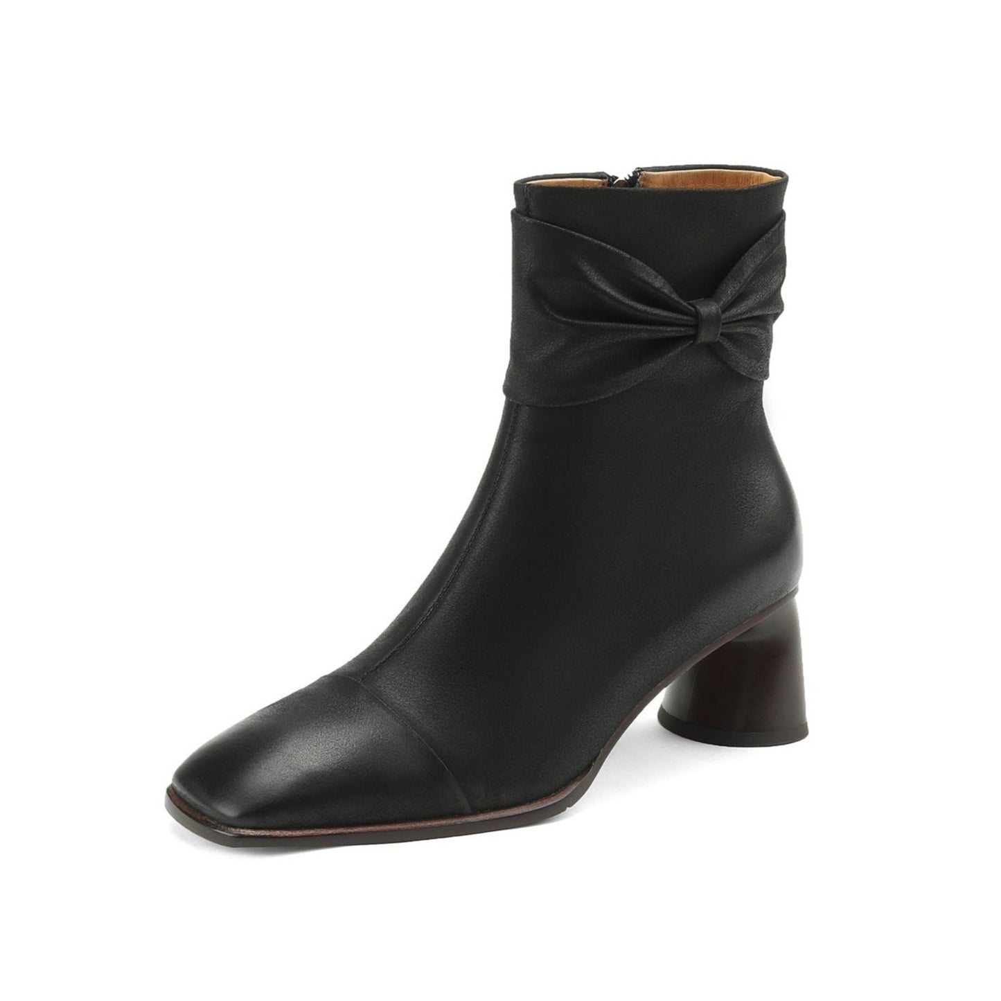 Nine Seven Handmade Women's Genuine Leather Bowknot Décor Side Zipper Square Toe Mid Chunky Heel Ankle Boots Shoes