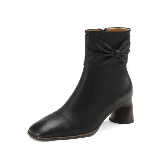 Nine Seven Handmade Women's Genuine Leather Bowknot Décor Side Zipper Square Toe Mid Chunky Heel Ankle Boots Shoes