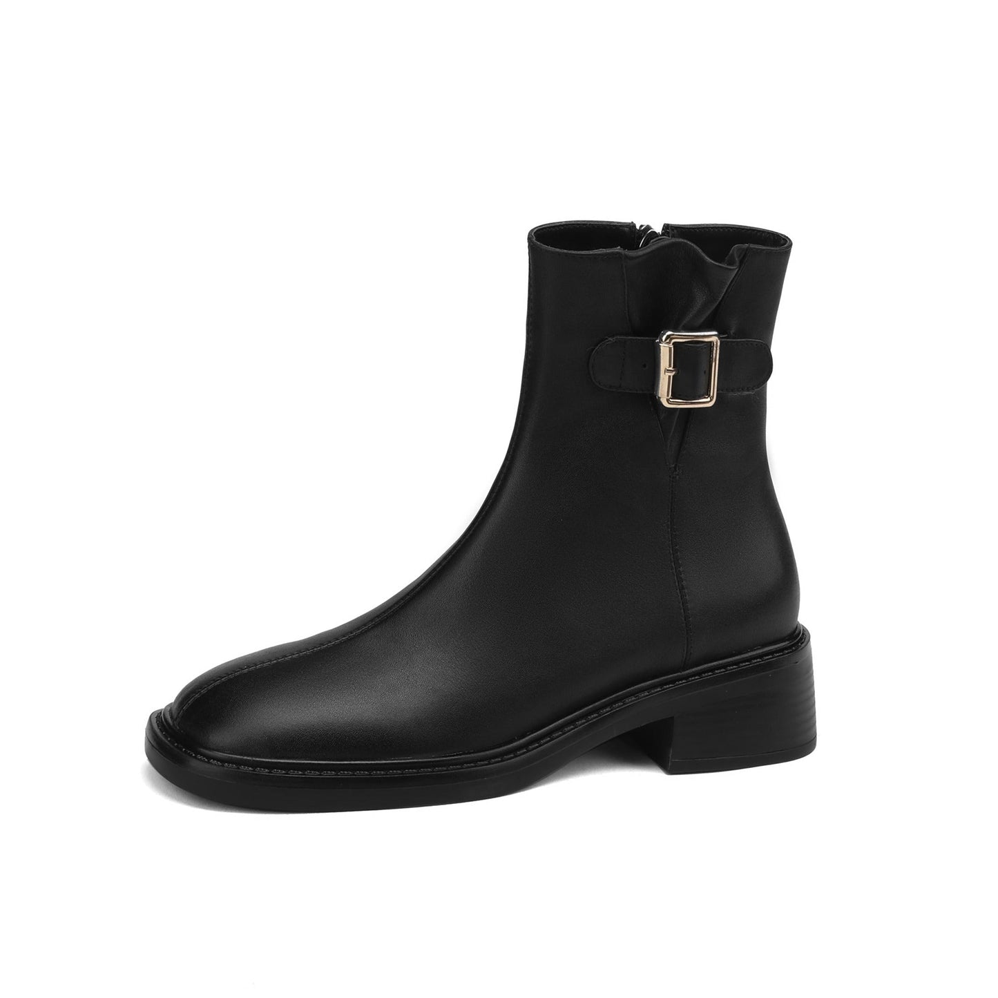Nine Seven Handmade Women's Genuine Leather Ankle Buckle Design Square Toe Low Block Heel Side Zipper Ankle Boots Shoes