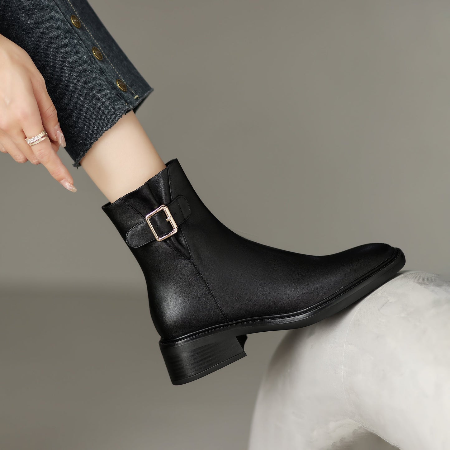 Nine Seven Handmade Women's Genuine Leather Ankle Buckle Design Square Toe Low Block Heel Side Zipper Ankle Boots Shoes