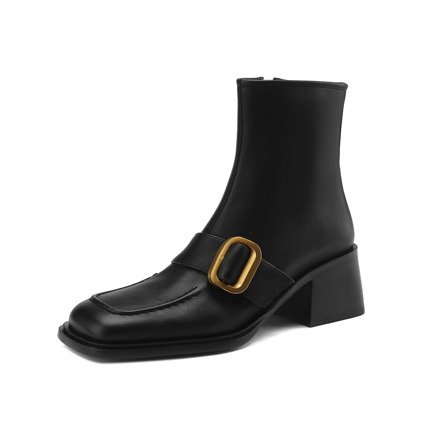 Nine Seven Handmade Women's Genuine Leather Décor Buckle Side Zipper Square Toe Mid Chunky Heel Ankle Boots